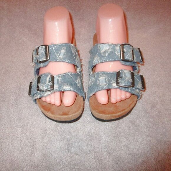 Minnetonka Patchwork Denim Sandals Size 7 Slide Fringe Slip On Boho Grunge 90s - Picture 3 of 9